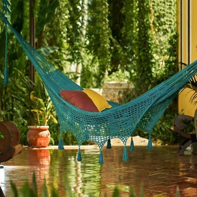 Alternate image for Handwoven Teal Cotton Hammock Double from Mexico Veranda in Teal