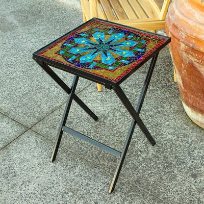 Alternate image for Mandala Inspired Cut Glass Mosaic Folding Table from Mexico Luminous Mandala