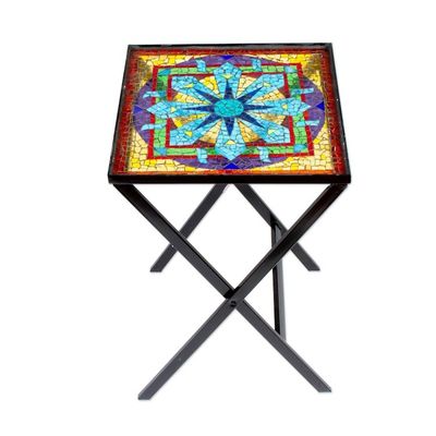 Alternate image for Mandala Inspired Cut Glass Mosaic Folding Table from Mexico Luminous Mandala