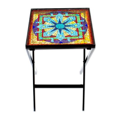 Alternate image for Mandala Inspired Cut Glass Mosaic Folding Table from Mexico Luminous Mandala