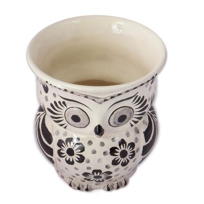 Alternate image for Black and White Ceramic Owl Flower Pot from Mexico Floral Owl