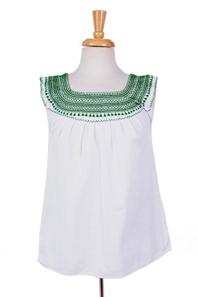 Alternate image for Hand Embroidered White Cotton Blouse with Green Embroidery Poem in Green