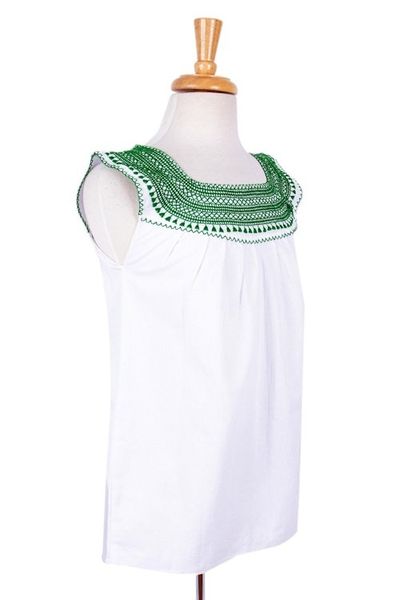Alternate image for Hand Embroidered White Cotton Blouse with Green Embroidery Poem in Green