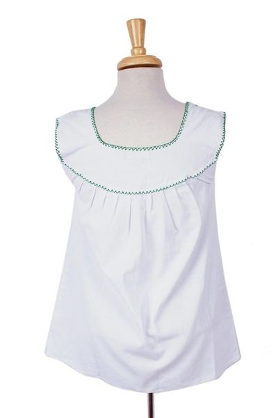 Alternate image for Hand Embroidered White Cotton Blouse with Green Embroidery Poem in Green