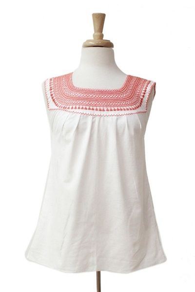 Alternate image for White and Flame Embroidered Cotton Blouse from Mexico Flame Delight