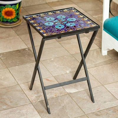 Alternate image for Handcrafted Blue Mandala Stained Glass Mosaic Folding Table Blue Circle Symmetry