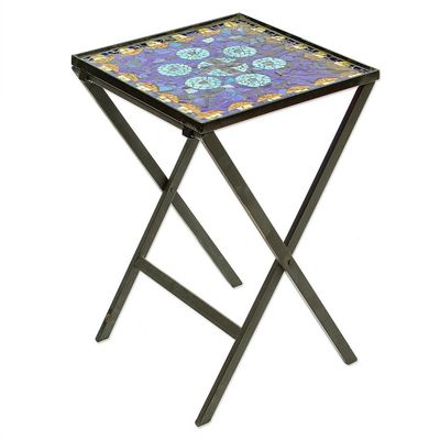 Alternate image for Handcrafted Blue Mandala Stained Glass Mosaic Folding Table Blue Circle Symmetry