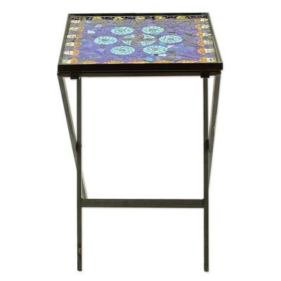 Alternate image for Handcrafted Blue Mandala Stained Glass Mosaic Folding Table Blue Circle Symmetry