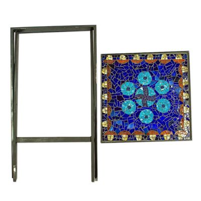 Alternate image for Handcrafted Blue Mandala Stained Glass Mosaic Folding Table Blue Circle Symmetry