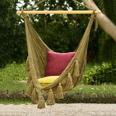 Alternate image for Tasseled Cotton Rope Mayan Hammock Swing from Mexico Ocean Seat in Olive Green