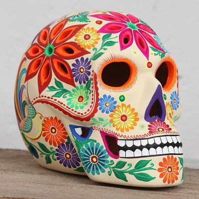 Alternate image for Floral Skull Ceramic Tealight Holder from Mexico Floral Skull