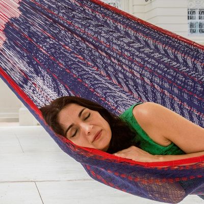 Alternate image for Blue Cotton Maya Hammock with Red Trim from Mexico Puerto Vallarta