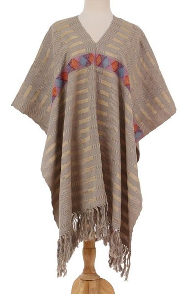 Alternate image for Handwoven Cotton Poncho with Line Patterns in Sand Lines in the Sand