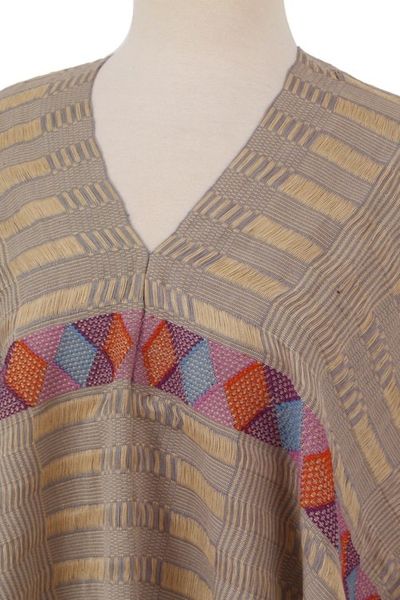 Alternate image for Handwoven Cotton Poncho with Line Patterns in Sand Lines in the Sand