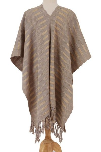 Alternate image for Handwoven Cotton Poncho with Line Patterns in Sand Lines in the Sand