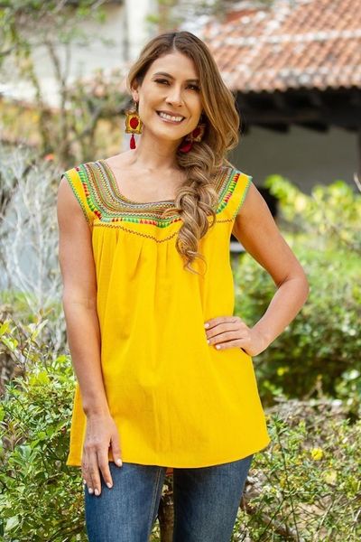 Alternate image for Handwoven Saffron Cotton Sleeveless Blouse from Mexico Marigold Summer