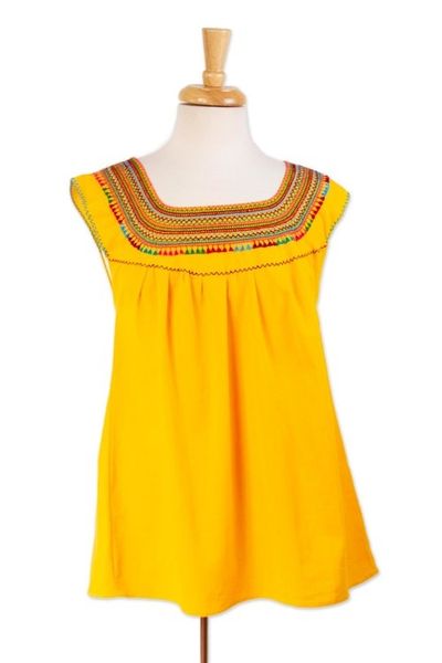 Alternate image for Handwoven Saffron Cotton Sleeveless Blouse from Mexico Marigold Summer