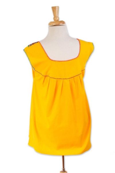Alternate image for Handwoven Saffron Cotton Sleeveless Blouse from Mexico Marigold Summer