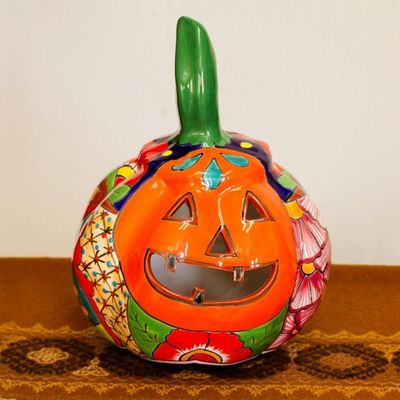 Alternate image for Talavera-Style Ceramic Jack-O-Lantern Candle Holder Floral Jack-O-Lantern