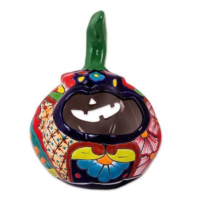Alternate image for Talavera-Style Ceramic Jack-O-Lantern Candle Holder Floral Jack-O-Lantern