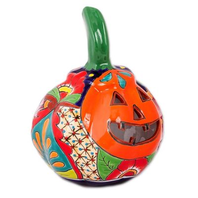 Alternate image for Talavera-Style Ceramic Jack-O-Lantern Candle Holder Floral Jack-O-Lantern