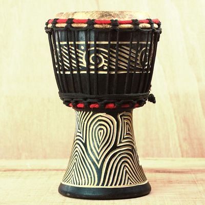 Alternate image for Wood Mini Djembe Drum with Line Motifs from Ghana Contours of Music