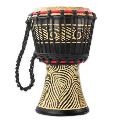 Alternate image for Wood Mini Djembe Drum with Line Motifs from Ghana Contours of Music