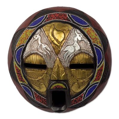 Alternate image for Bead and Brass Repousse African Wall Mask with Animal Motifs Promise of Prosperity