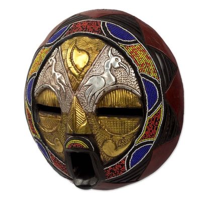 Alternate image for Bead and Brass Repousse African Wall Mask with Animal Motifs Promise of Prosperity