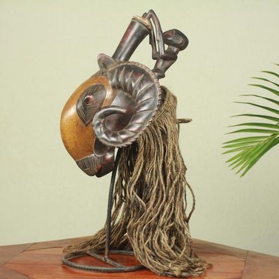Alternate image for Ivoirian African Ram Mask with Jute Mane Brown Baule Ram