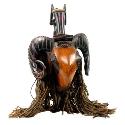 Alternate image for Ivoirian African Ram Mask with Jute Mane Brown Baule Ram