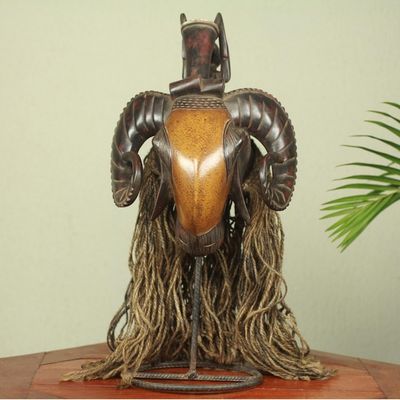Alternate image for Ivoirian African Ram Mask with Jute Mane Brown Baule Ram