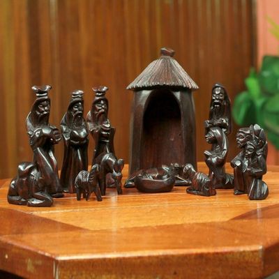 Alternate image for Handcrafted Teak Wood Nativity Scene Sculpture 14 Piece Gifts from the Ghanaian Magi
