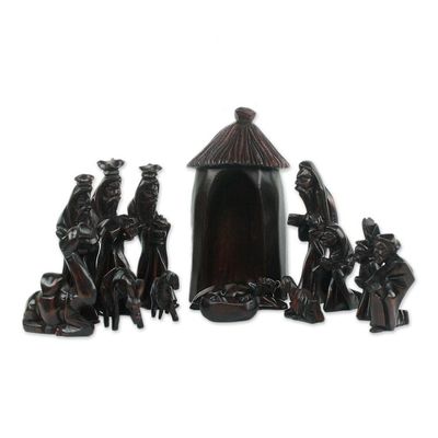 Alternate image for Handcrafted Teak Wood Nativity Scene Sculpture 14 Piece Gifts from the Ghanaian Magi