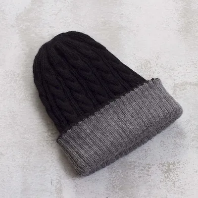 Alternate image for Peruvian 100 Alpaca Reversible Black and Grey Ribbed Hat Warm and Cozy