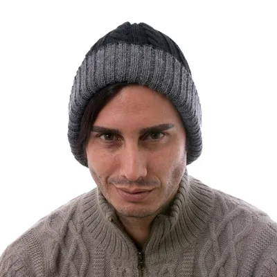 Alternate image for Peruvian 100 Alpaca Reversible Black and Grey Ribbed Hat Warm and Cozy