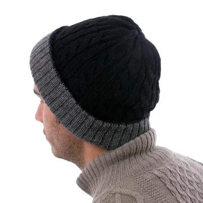 Alternate image for Peruvian 100 Alpaca Reversible Black and Grey Ribbed Hat Warm and Cozy