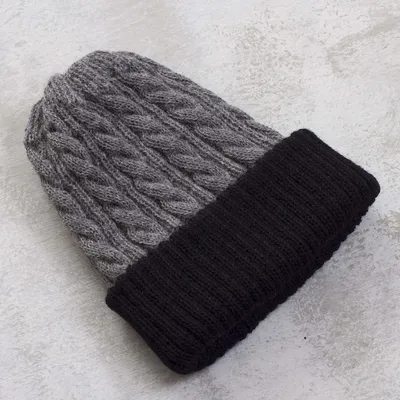 Alternate image for Peruvian 100 Alpaca Reversible Black and Grey Ribbed Hat Warm and Cozy
