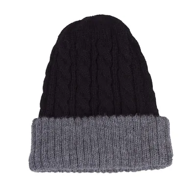 Alternate image for Peruvian 100 Alpaca Reversible Black and Grey Ribbed Hat Warm and Cozy