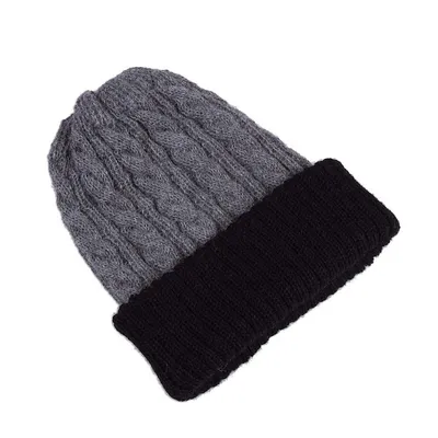 Alternate image for Peruvian 100 Alpaca Reversible Black and Grey Ribbed Hat Warm and Cozy