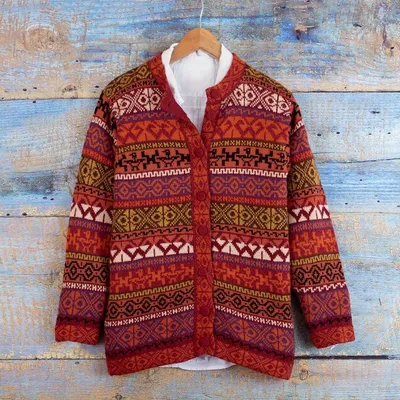 Alternate image for Handwoven Cherry Alpaca Blend Cardigan with Inca Motifs Empire Memories