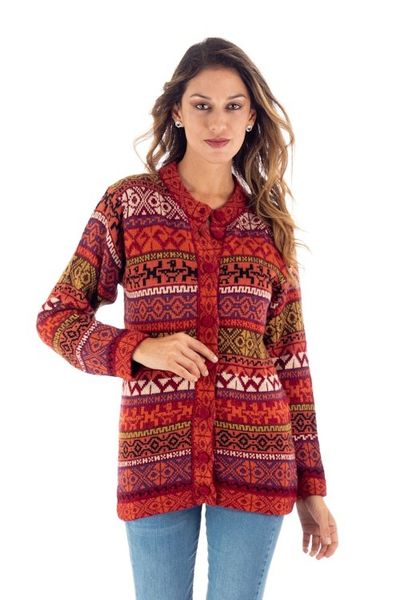 Alternate image for Handwoven Cherry Alpaca Blend Cardigan with Inca Motifs Empire Memories