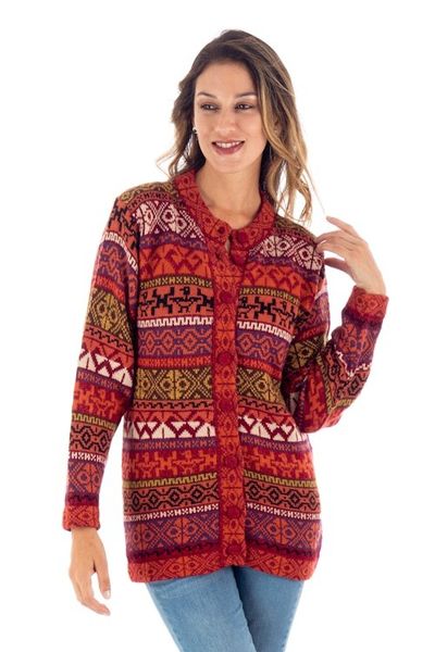 Alternate image for Handwoven Cherry Alpaca Blend Cardigan with Inca Motifs Empire Memories