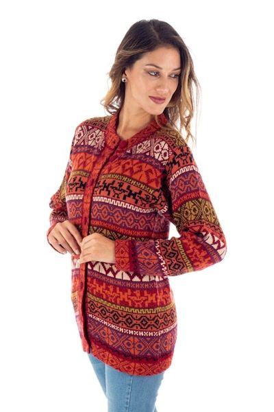 Alternate image for Handwoven Cherry Alpaca Blend Cardigan with Inca Motifs Empire Memories