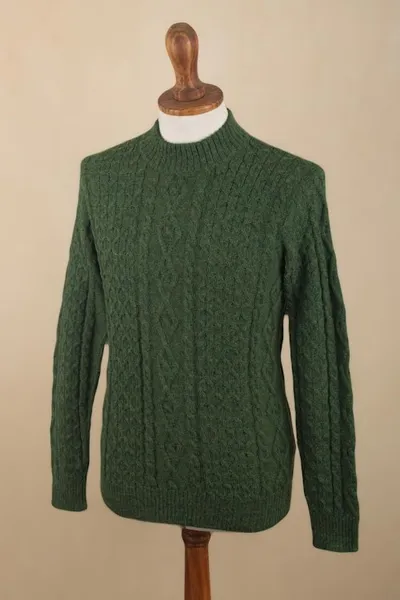 Alternate image for Mens Dark Green 100 Alpaca Pullover Sweater From Peru Moss Braids
