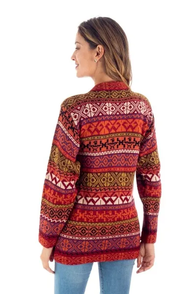 Alternate image for Handwoven Cherry Alpaca Blend Cardigan with Inca Motifs Empire Memories
