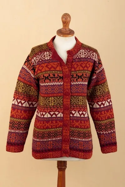 Alternate image for Handwoven Cherry Alpaca Blend Cardigan with Inca Motifs Empire Memories
