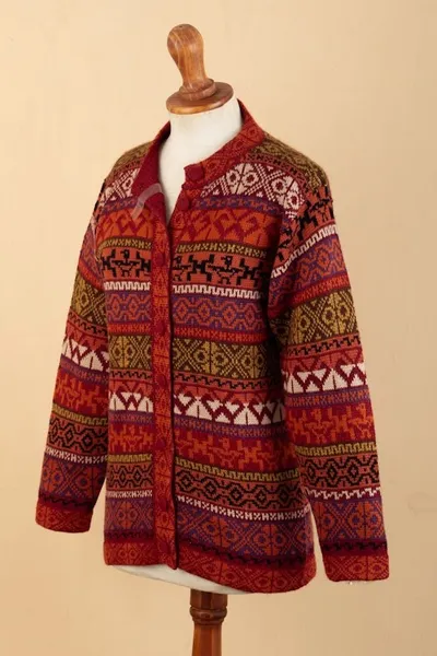Alternate image for Handwoven Cherry Alpaca Blend Cardigan with Inca Motifs Empire Memories