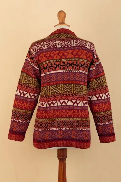 Alternate image for Handwoven Cherry Alpaca Blend Cardigan with Inca Motifs Empire Memories