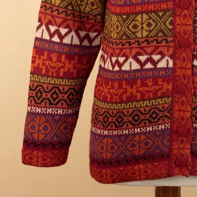 Alternate image for Handwoven Cherry Alpaca Blend Cardigan with Inca Motifs Empire Memories